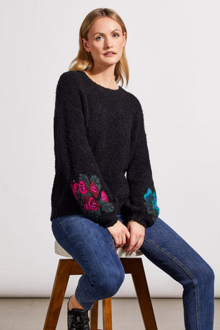 alt view 4 - BOUCL√â DROP SHOULDER SWEATER WITH EMBROIDERED SLEEVES-Black