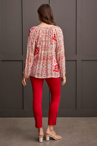 alt view 3 - FLOWY PRINTED CREPE BLOUSE WITH TIES-Scarlet