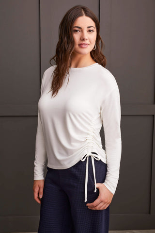 alt view 1 - FRENCH TERRY CREW NECK TOP WITH SIDE RUCHING-Cream