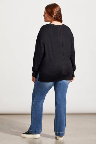 LONG SLEEVE V-NECK SWEATER WITH CABLE KNIT DETAIL-Black