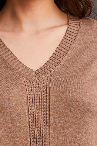 alt view 2 - LONG SLEEVE V-NECK SWEATER WITH CABLE KNIT DETAIL-Mocha