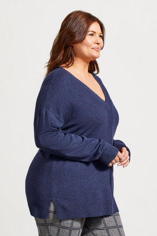 LONG SLEEVE V-NECK SWEATER WITH CABLE KNIT DETAIL-Sapphire