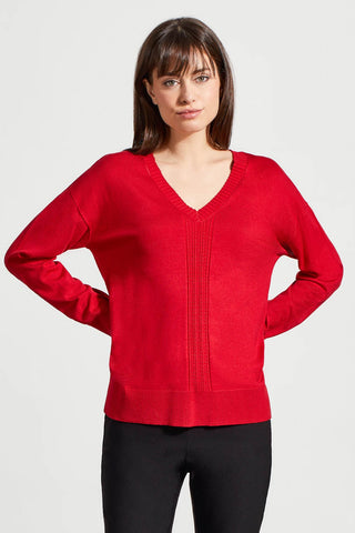 alt view 1 - LONG SLEEVE V-NECK SWEATER WITH CABLE KNIT DETAIL-Scarlet