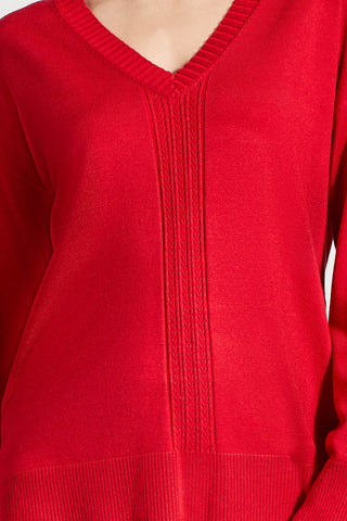 alt view 4 - LONG SLEEVE V-NECK SWEATER WITH CABLE KNIT DETAIL-Scarlet