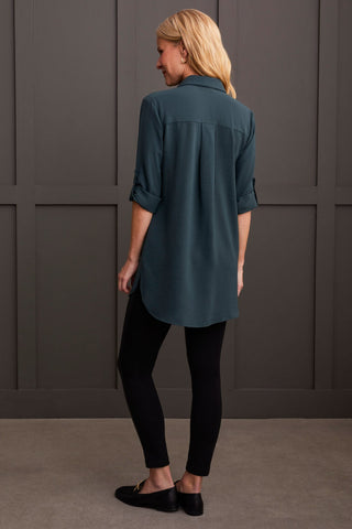 alt view 3 - PEBBLED CREPE ROLL-SLEEVE TUNIC SHIRT-Alpine green