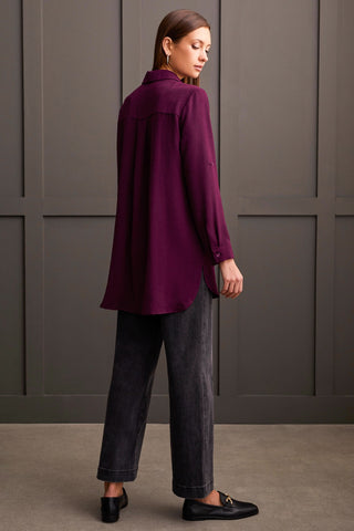 alt view 3 - PEBBLED CREPE ROLL-SLEEVE TUNIC SHIRT-Dark plum