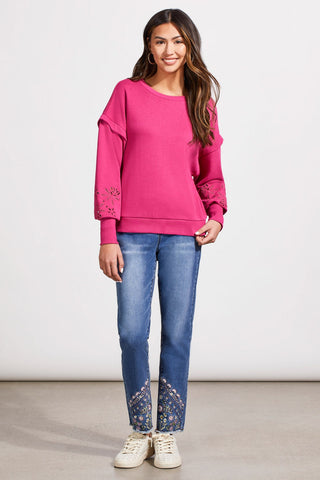 alt view 2 - SOFT FRENCH TERRY CREW NECK PULLOVER WITH SLEEVE EMBELLISHMENT-Magenta haze