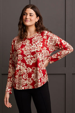 alt view 1 - SOFT PRINTED CREW NECK TOP WITH CURVED HEM-Scarlet