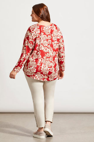 SOFT PRINTED CREW NECK TOP WITH CURVED HEM-Scarlet