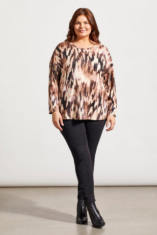 SOFT PRINTED CREW NECK TOP WITH CURVED HEM-Tan