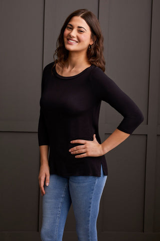 alt view 1 - WIDE CREW NECK TOP WITH SIDE SLITS-Black